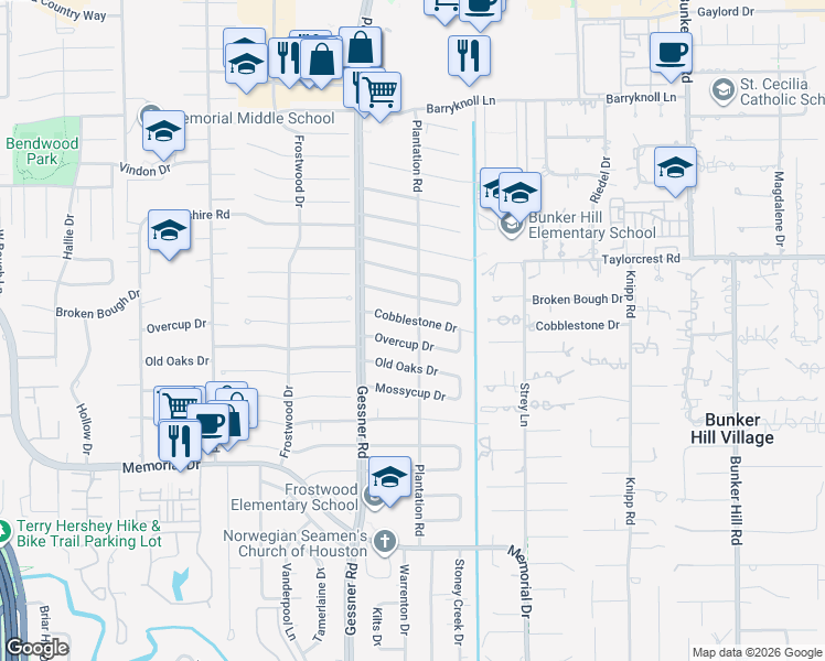 map of restaurants, bars, coffee shops, grocery stores, and more near 12206 Overcup Drive in Houston