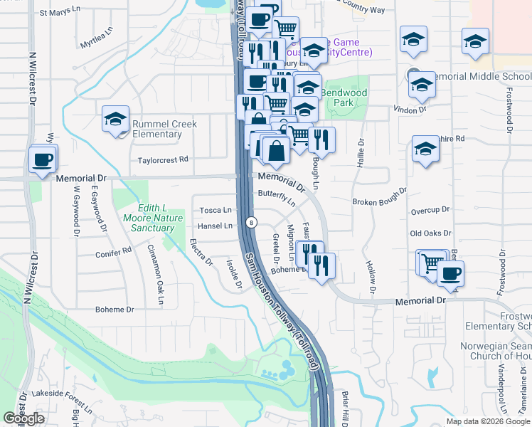 map of restaurants, bars, coffee shops, grocery stores, and more near 12818 Hansel Lane in Houston
