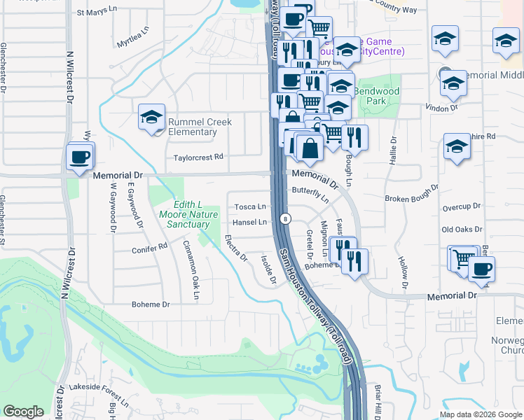map of restaurants, bars, coffee shops, grocery stores, and more near 12906 Hansel Lane in Houston