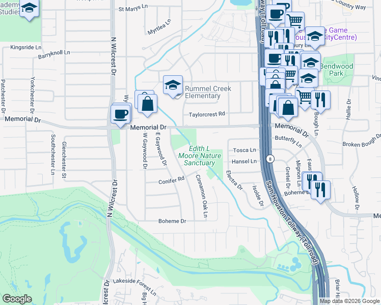 map of restaurants, bars, coffee shops, grocery stores, and more near 13011 Tosca Ln in Houston