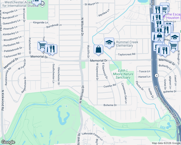 map of restaurants, bars, coffee shops, grocery stores, and more near 414 Wycliffe Drive in Houston