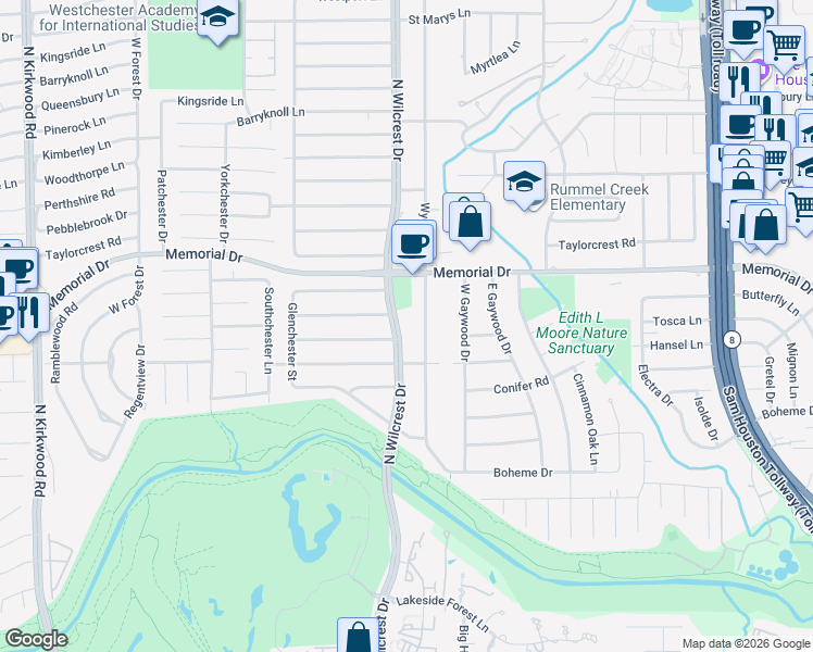 map of restaurants, bars, coffee shops, grocery stores, and more near 410-416 North Wilcrest Drive in Houston