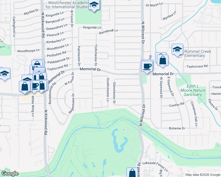 map of restaurants, bars, coffee shops, grocery stores, and more near 419 Glenchester Street in Houston