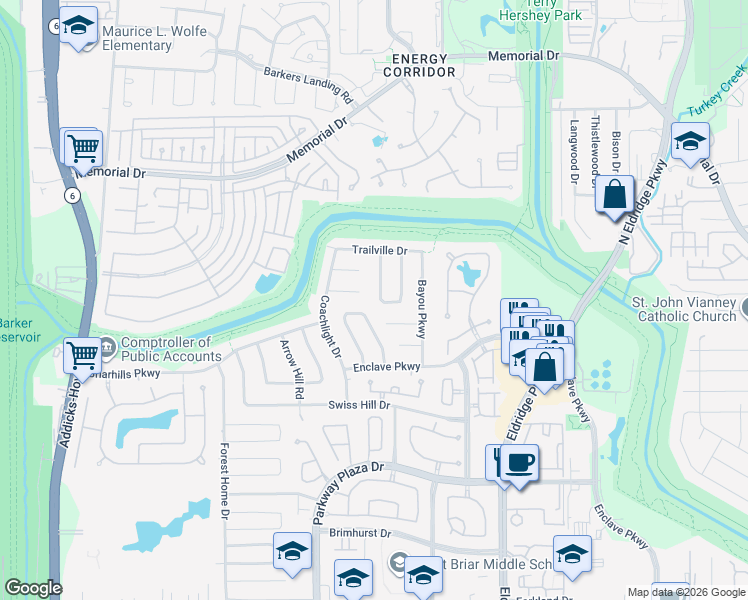 map of restaurants, bars, coffee shops, grocery stores, and more near 1019 Trapper Hill Drive in Houston