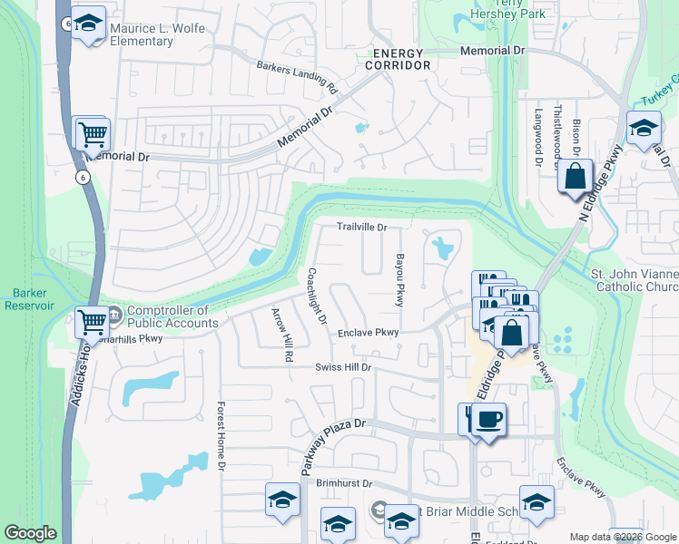 map of restaurants, bars, coffee shops, grocery stores, and more near 1019 Trapper Hill Drive in Houston