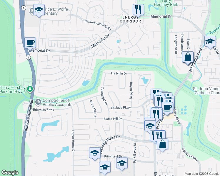 map of restaurants, bars, coffee shops, grocery stores, and more near 1003 Orchard Hill Street in Houston