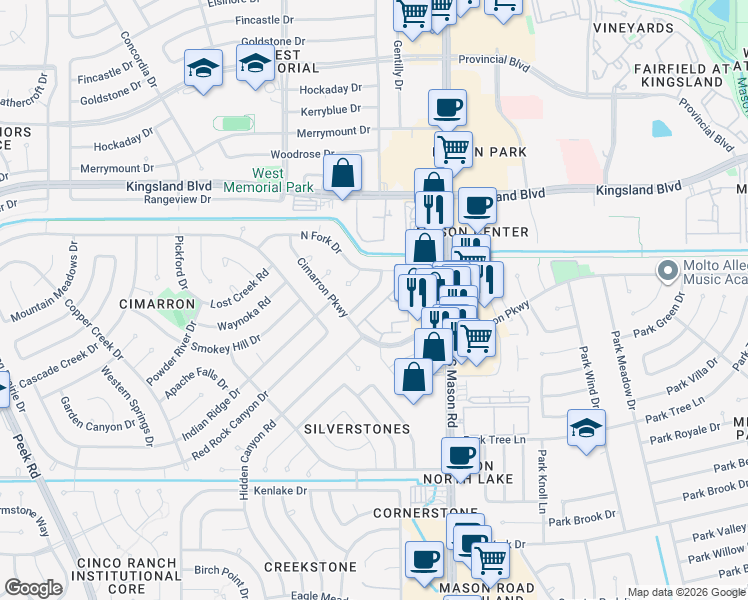 map of restaurants, bars, coffee shops, grocery stores, and more near 735 Red Rock Canyon Drive in Katy