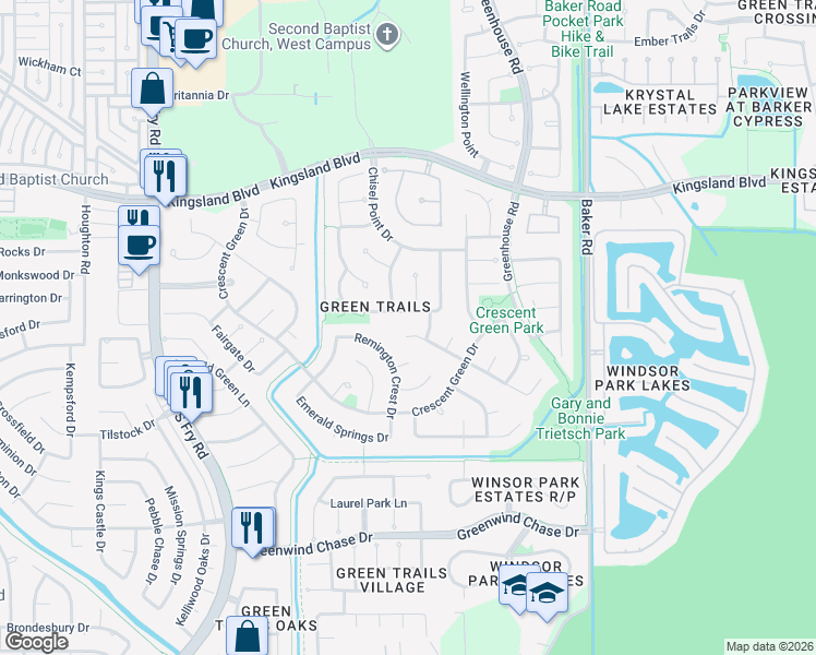 map of restaurants, bars, coffee shops, grocery stores, and more near 19546 Indian Hawthorn Drive in Houston