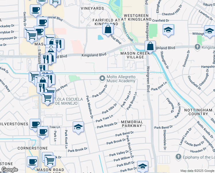 map of restaurants, bars, coffee shops, grocery stores, and more near 21322 Park Green Drive in Katy