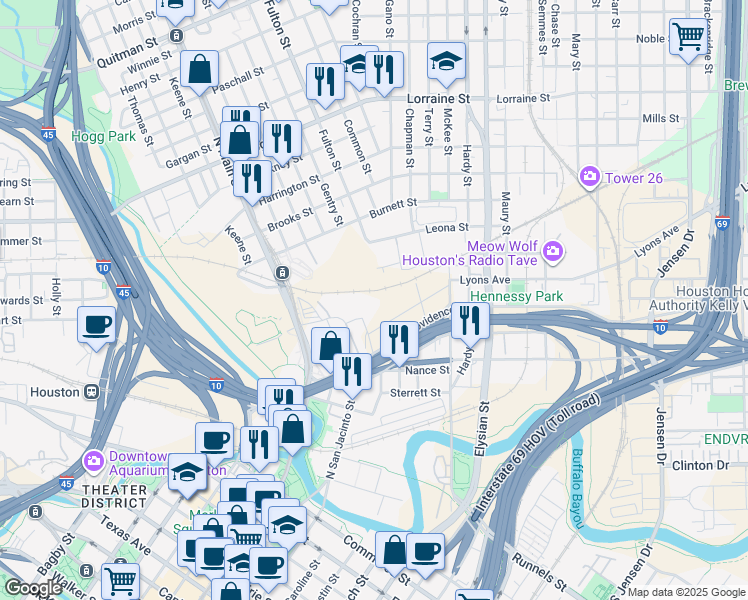 map of restaurants, bars, coffee shops, grocery stores, and more near 1301 Conti St in Houston