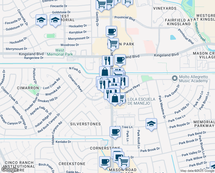 map of restaurants, bars, coffee shops, grocery stores, and more near 870 South Mason Road in Katy