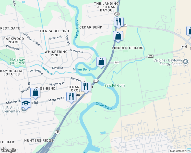 map of restaurants, bars, coffee shops, grocery stores, and more near 5001 North Highway 146 in Baytown