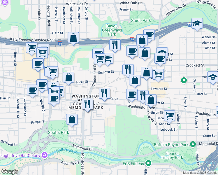 map of restaurants, bars, coffee shops, grocery stores, and more near 1200 National Street in Houston