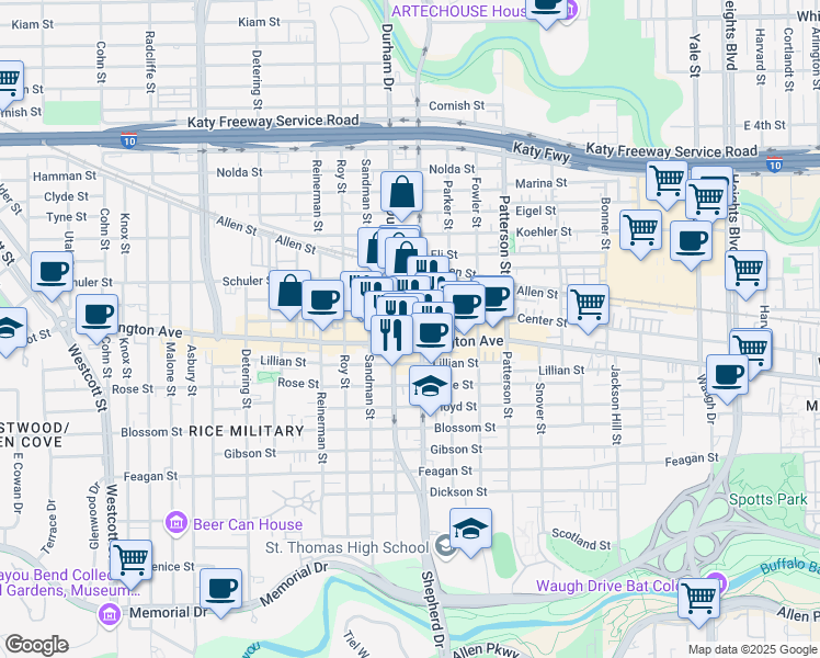 map of restaurants, bars, coffee shops, grocery stores, and more near in Houston