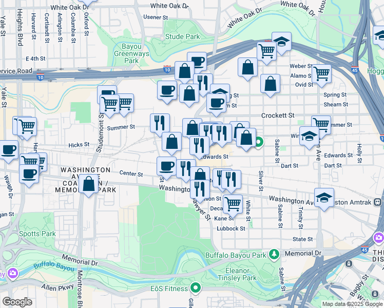map of restaurants, bars, coffee shops, grocery stores, and more near 1215 Sawyer Street in Houston