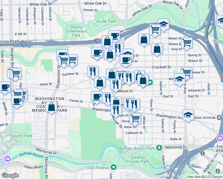 map of restaurants, bars, coffee shops, grocery stores, and more near 1215 Sawyer Street in Houston