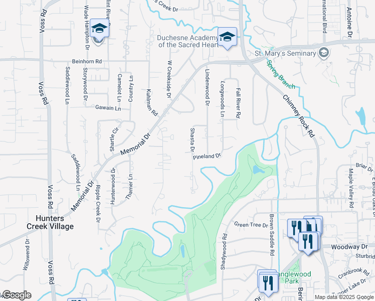 map of restaurants, bars, coffee shops, grocery stores, and more near 402 Timberwilde Lane in Houston
