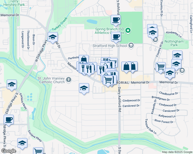 map of restaurants, bars, coffee shops, grocery stores, and more near 14750 Memorial Drive in Houston
