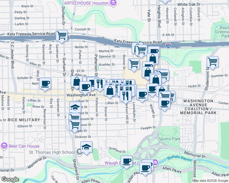 map of restaurants, bars, coffee shops, grocery stores, and more near 4213 Center Street in Houston