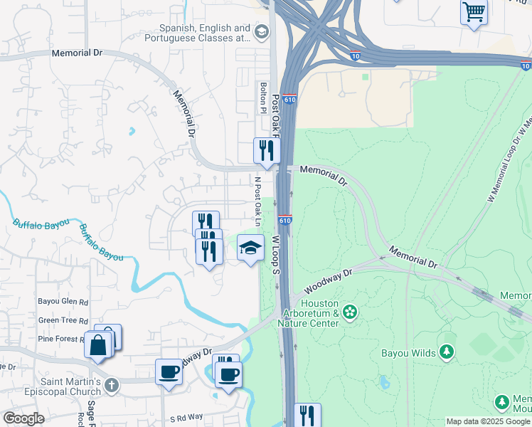 map of restaurants, bars, coffee shops, grocery stores, and more near 300 North Post Oak Lane in Houston