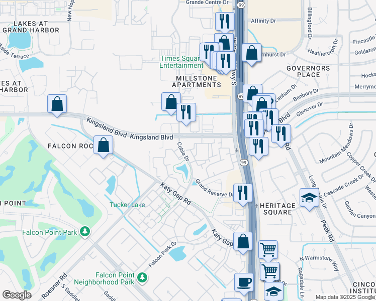 map of restaurants, bars, coffee shops, grocery stores, and more near Cobia Drive in Katy