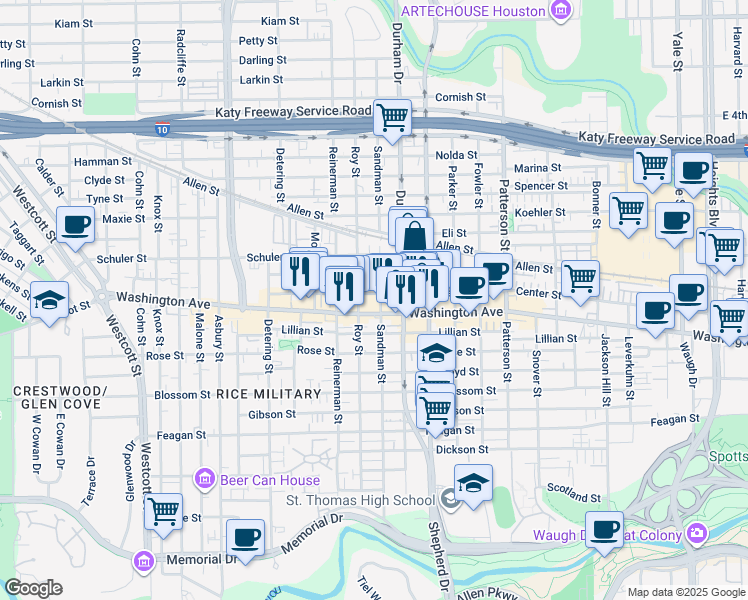 map of restaurants, bars, coffee shops, grocery stores, and more near 5021 Washington Avenue in Houston