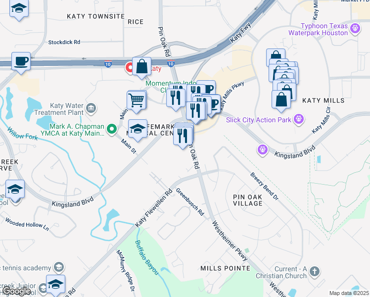map of restaurants, bars, coffee shops, grocery stores, and more near 1306 Pin Oak Road in Katy