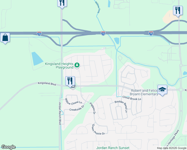 map of restaurants, bars, coffee shops, grocery stores, and more near Kingsland Boulevard in Brookshire