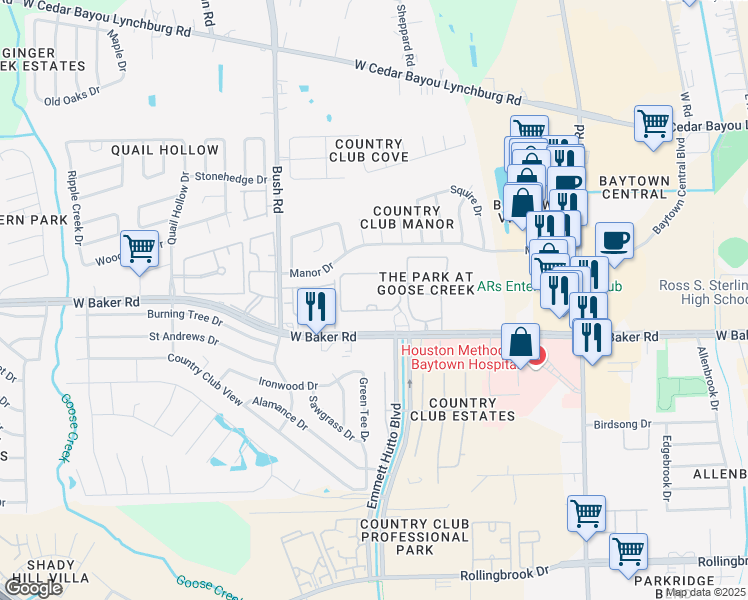 map of restaurants, bars, coffee shops, grocery stores, and more near 2008 West Baker Road in Baytown