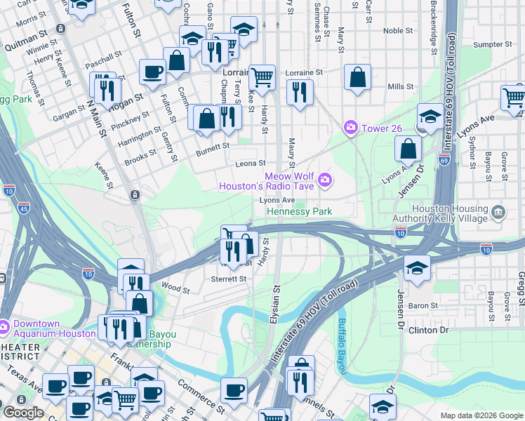 map of restaurants, bars, coffee shops, grocery stores, and more near in Houston