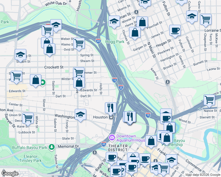 map of restaurants, bars, coffee shops, grocery stores, and more near 1005 Edwards Street in Houston
