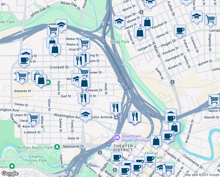 map of restaurants, bars, coffee shops, grocery stores, and more near 1115 Edwards Street in Houston