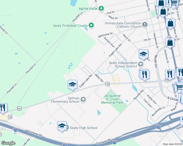 map of restaurants, bars, coffee shops, grocery stores, and more near 1100 Miller Road in Sealy