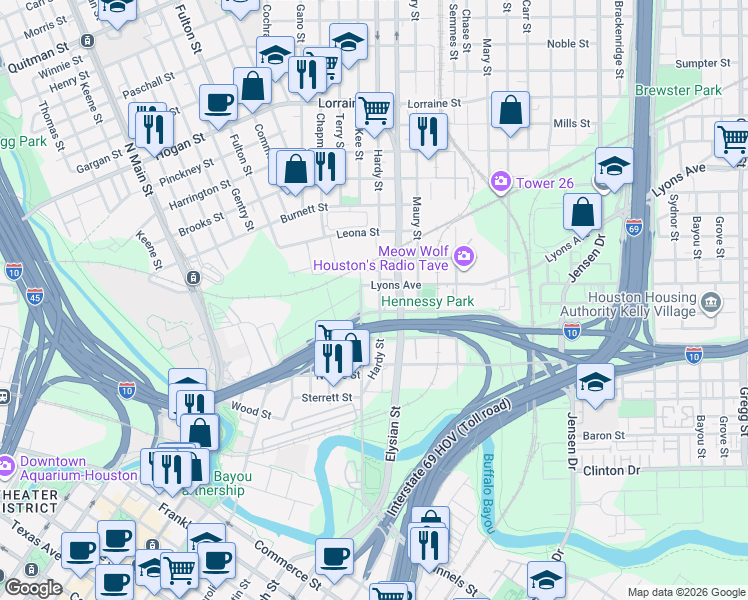 map of restaurants, bars, coffee shops, grocery stores, and more near in Houston