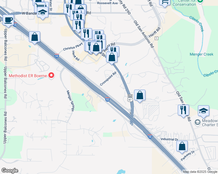 map of restaurants, bars, coffee shops, grocery stores, and more near 125 Crosspoint Road in Boerne