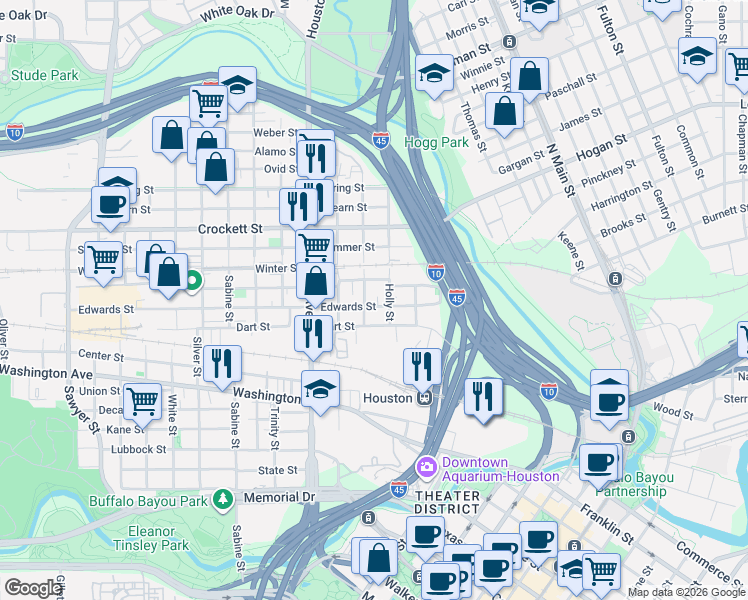 map of restaurants, bars, coffee shops, grocery stores, and more near in Houston