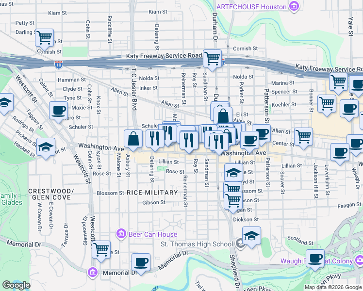 map of restaurants, bars, coffee shops, grocery stores, and more near 5214 Washington Avenue in Houston