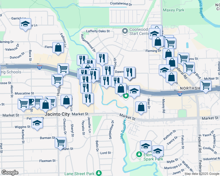map of restaurants, bars, coffee shops, grocery stores, and more near 11910 East Freeway in Houston