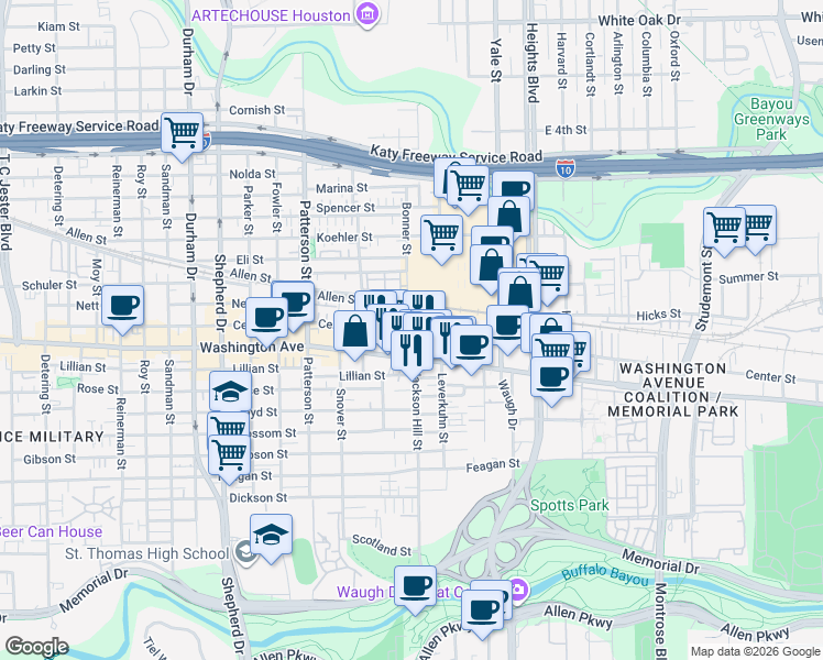 map of restaurants, bars, coffee shops, grocery stores, and more near 4048 Center Street in Houston
