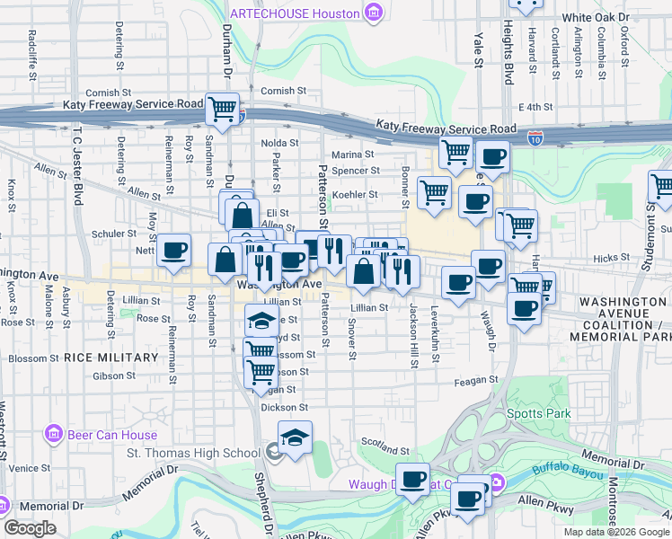 map of restaurants, bars, coffee shops, grocery stores, and more near 1010 Patterson Street in Houston