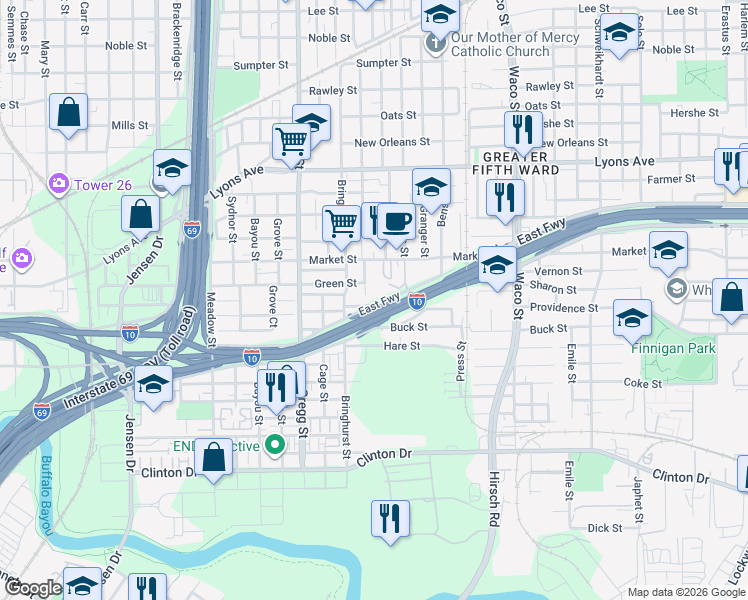 map of restaurants, bars, coffee shops, grocery stores, and more near 3717 Providence Street in Houston