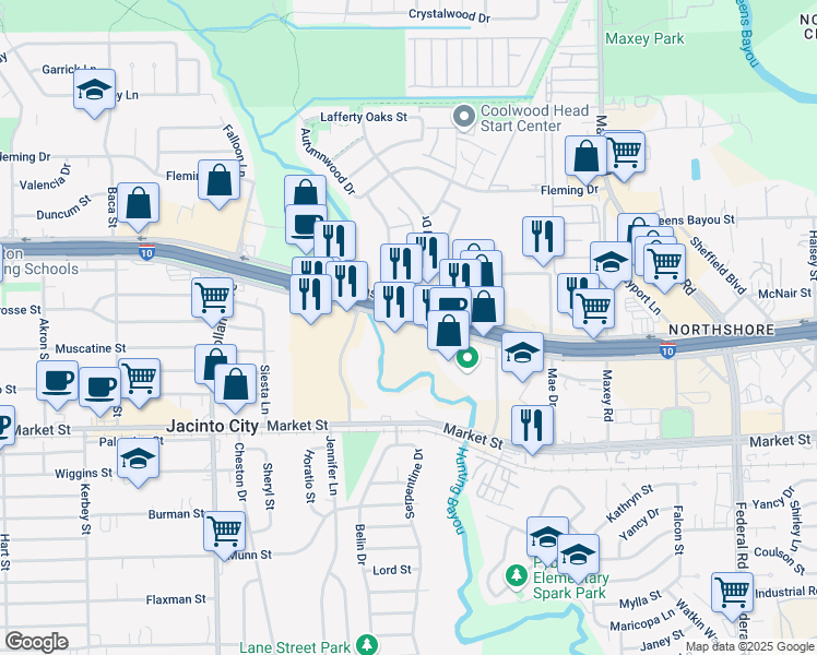 map of restaurants, bars, coffee shops, grocery stores, and more near 11910 East Freeway in Houston