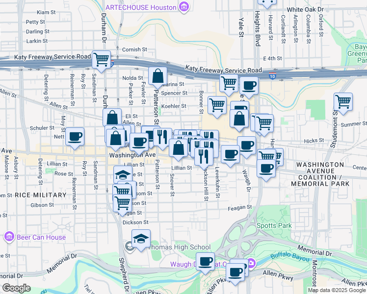 map of restaurants, bars, coffee shops, grocery stores, and more near 4235 Center Street in Houston