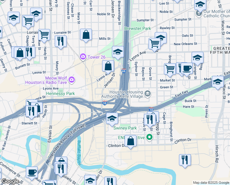 map of restaurants, bars, coffee shops, grocery stores, and more near 2801 Clark Street in Houston