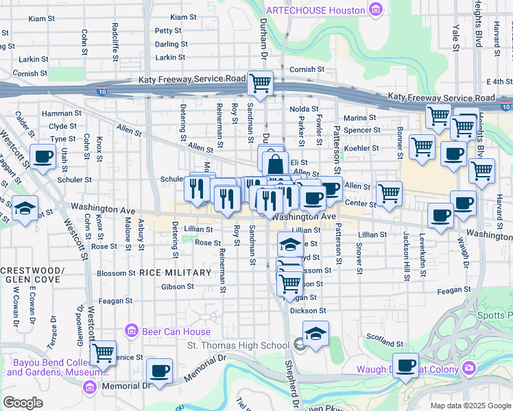 map of restaurants, bars, coffee shops, grocery stores, and more near 5021 Washington Avenue in Houston