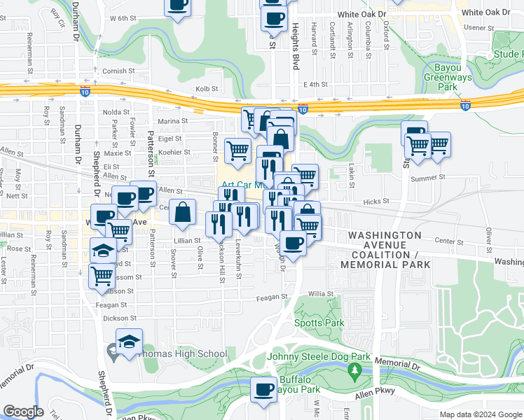 map of restaurants, bars, coffee shops, grocery stores, and more near 3790 Center Street in Houston