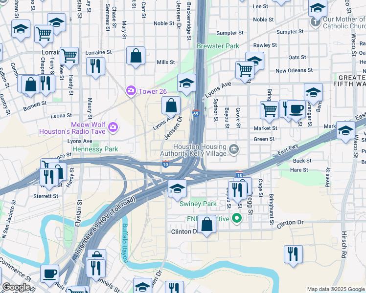 map of restaurants, bars, coffee shops, grocery stores, and more near 2801 Clark Street in Houston