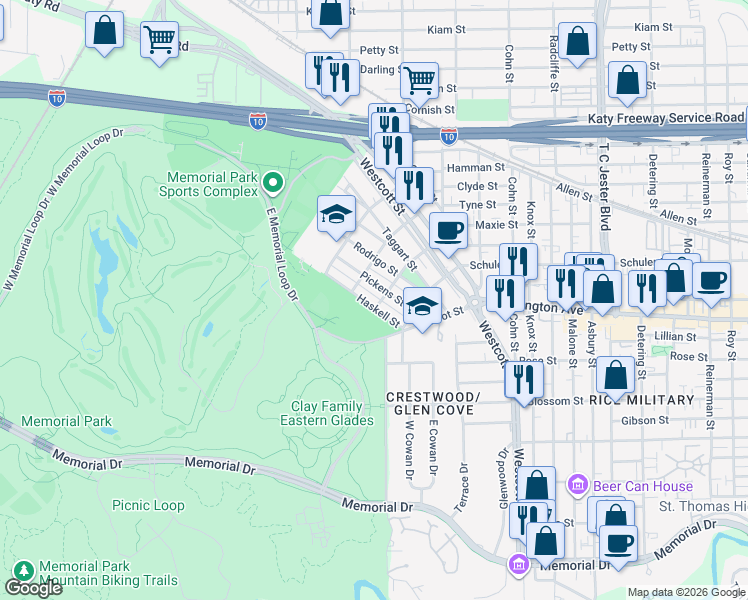 map of restaurants, bars, coffee shops, grocery stores, and more near 6502 Arnot Street in Houston