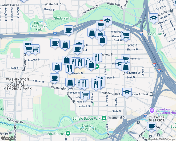 map of restaurants, bars, coffee shops, grocery stores, and more near 2003 Edwards Street in Houston