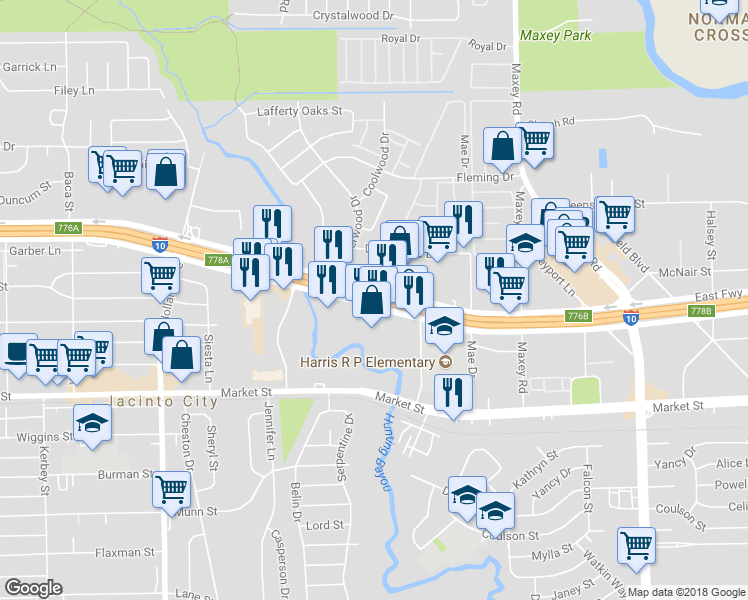 map of restaurants, bars, coffee shops, grocery stores, and more near 12008 East Freeway in Houston